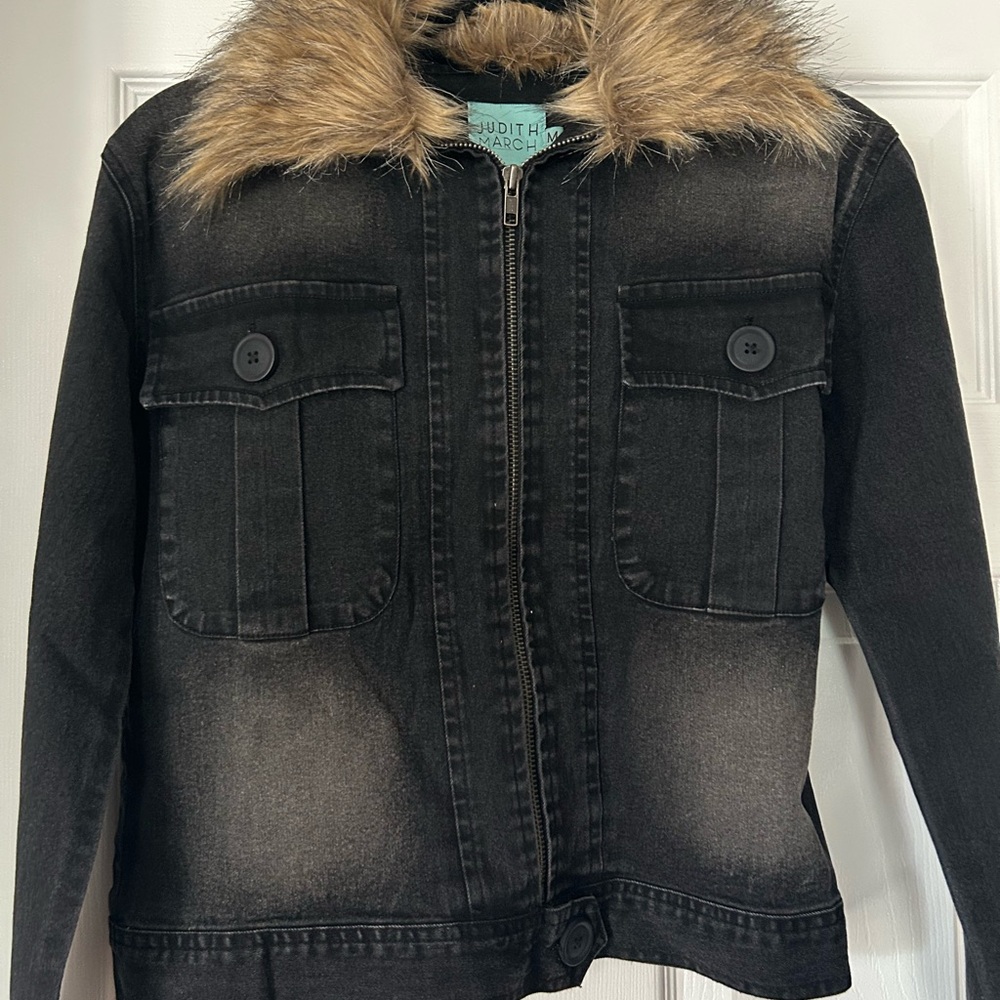 Judith March Black Denim Jacket with Faux Fur Collar